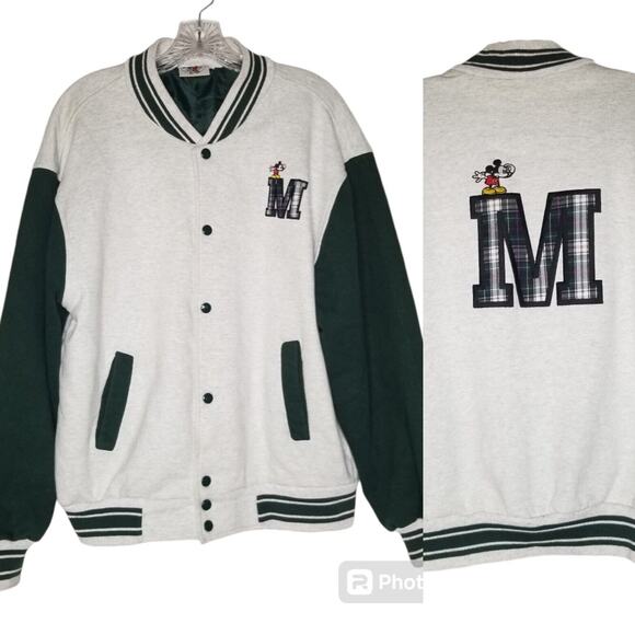 VTG 90s Disney Mickey & Co Jacket Green Gray Varsity Letterman Snap Button Large - Picture 4 of 16